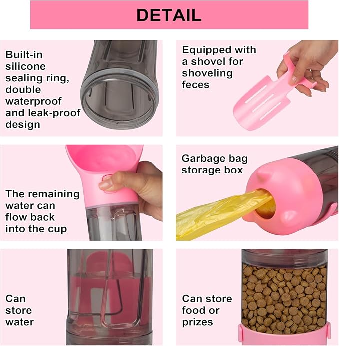Dog Water Bottle Cup Bag - Portable Dispenser Bottles and Bowl Food for Dogs - Travel Container Pet - Small Dog Poop Bags Roll - 4 in 1-8 Rolls Puppy Poop Bags