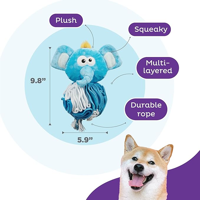 Outward Hound by Nina Ottosson Stuff N' Snuffle Plush Large Snuffle Ball Dog Puzzle, Elephant, Blue, 9.8 inches x 5.9 inches