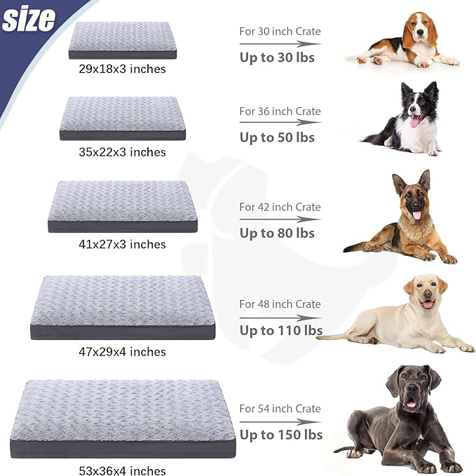 Dog Crate Bed Waterproof for Large Dogs - Rose Velvet Soft Fluffy Washable With Removable Cover & Anti-Slip Bottom, 35 x 22 Inch, Light Gray