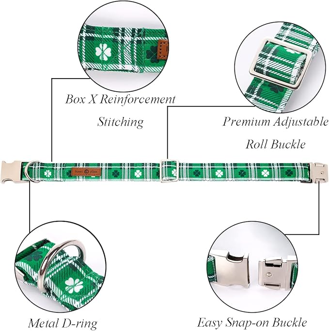 Lionet Paws St Patricks Day Dog Collar with Bowtie, Irish Green Shamrock Clover Bowtie Collar with Metal Buckle for Dog Girl Boy, M, Neck 13.5-22 in