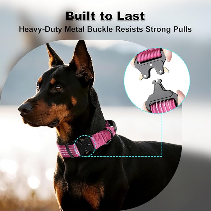 Plutus Pet Tactical Dog Collar with Tracker Pocket for AirTag, Adjustable Reflective Nylon Collar, Metal Buckle, Leather-Wrapped Handle, Soft Padded for Medium Large Dogs (Pink, S)