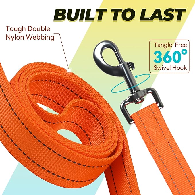 VIVAGLORY Twingrip Dog Leash, Double Handle Dog Leash for Training & Walking with Traffic Handle & 2 Loop, Traffic Control Reflective Heavy Duty for Puppy Pet, 4ft x 1in, Orange
