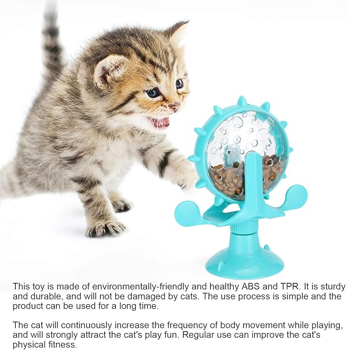GLOGLOW Interactive Cat Treat Leaking Toy, Windmill Treat Dispensing Cat Puzzle Food Interactive Toy Kitten Puppy Slow Feeder Snacks Distribution with Powerful Suction Cup(Blue)
