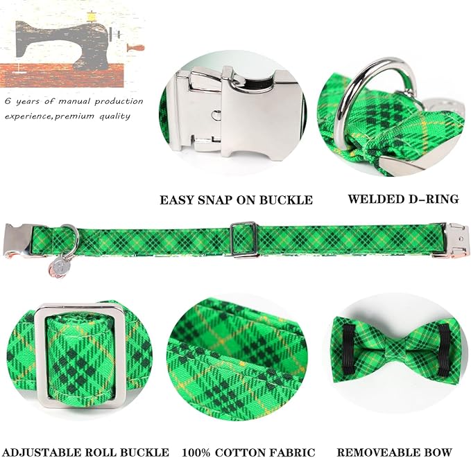 DOGWONG St. Patrick's Day Dog Collar-Cute Green Dog Collar with Bow, Cotton Green Plaid Bowtie Dog Collars with Metal Buckle for Small Medium Large Dogs