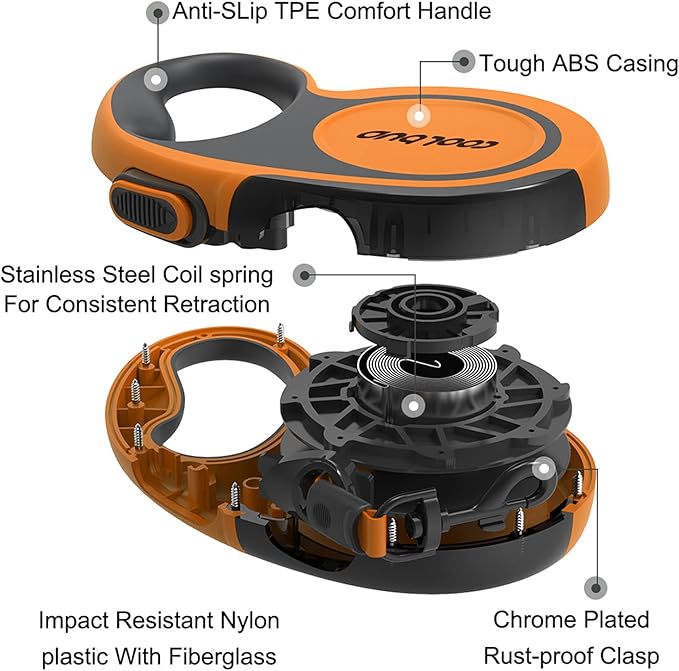 360° Tangle-Free, Heavy Duty Retractable Dog Leash with Anti-Slip Handle; 16 ft Reflective Strong Nylon Tape; for Large Dog or Cat up to 110 lbs; One-Handed Brake, Pause, Lock (Orange, Large)