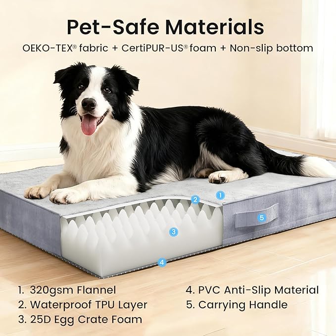 OhGeni Orthopedic Waterproof Dog Bed for Medium Large Dogs, Machine-Washable Removable Cover in Easy-Clean Fabric, High Density Foam & Easy-Carry Handle, Wider and Larger, 36 inch (Gray)