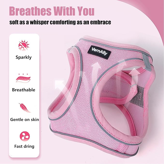 Sparkly Dog Harness Small Sized and Leash Set for Small Dogs Cats,Pink XS Puppy Harness, Step in Soft Dog Reflective Vest, Breathable Mesh Pet Harness. (Pink, XS)