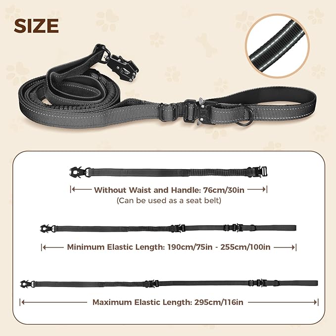 Detachable Heavy Duty Tactical Dog Leash, 9.7FT Hand-Free Bungee Shock Absorption Leash with Padded Handle Quick Release Metal Clip Car Seatbelt No Pull Training Lead for Medium & Large Dogs (Black)