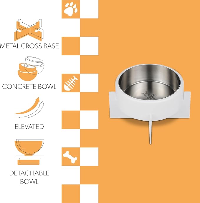 DBL3000B Intersecta Small/Medium Concrete and Stainless Steel Bowl 16oz (2 Cups) with Metal Stand Pet Feeder, White