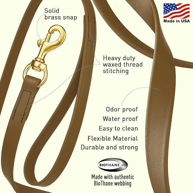 Viper Biothane K9 Working Dog Leash Waterproof Lead for Tracking Training Schutzhund Odor-Proof Long Line with Solid Brass Snap for Puppy Medium and Large Dogs, 33ft Coyote Brown