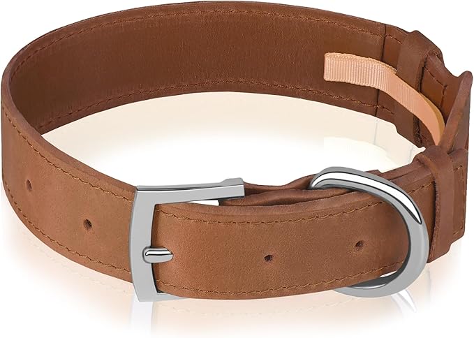 Leather Dog Collar with Airtag Holder - Apple Air Tag Dog Collars - Soft Tracking GPS Pet Collar for Small Medium Large Dogs Breed Puppy (Brown, S, 9"-12" Neck Fit)
