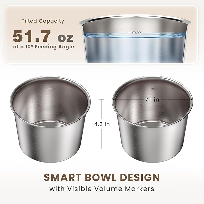 14" Tall Elevated Dog Bowls - Ergonomic Stainless Steel Dog Bowls with 10° Tilt in Acacia Wood Stand for Tall & Large Breed