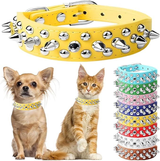 Spiked Dog Collar for Small Dogs, Male Spike Puppy Collars PU Leather Mushrooms Rivet Boy Studded Cat Collars Adjustable for Little XXS XS S Medium Large Dogs, Yellow, XX-Small