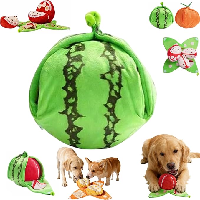 Orange Hide and Seek Plush Dog Toy, Squeakers and Crinkle Paper, Watermelon Puzzle Feeder for Small Medium Dogs, Boredom Relief & Training Aid (Watermelon)