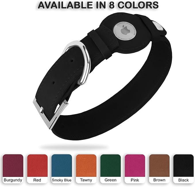 Leather Dog Collar with Airtag Holder - Apple Air Tag Dog Collars - Soft Tracking GPS Pet Collar for Small Medium Large Dogs Breed Puppy (Black, M, 12"-15" Neck Fit)