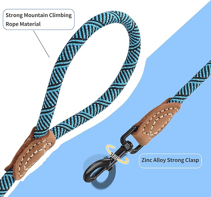 Mile High Life Rope Leash with Genuine Leather Connection, 6 FT/5 FT/4 FT, Heavy Duty Leash for Medium & Large Dogs (Turquoise Green, 60 Inch)