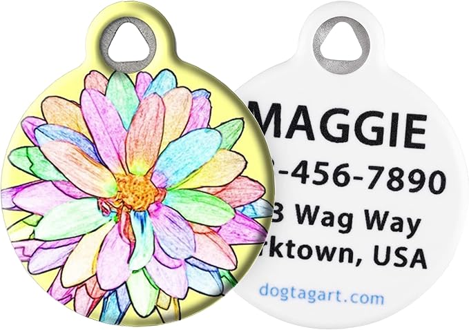 Dog Tag Art Sketched Flower Personalized Pet ID Tag for Dogs and Cats, Silent Polymer Coated Stainless Steel Nametag with Customized Identification Information - Large 1.25" Diameter