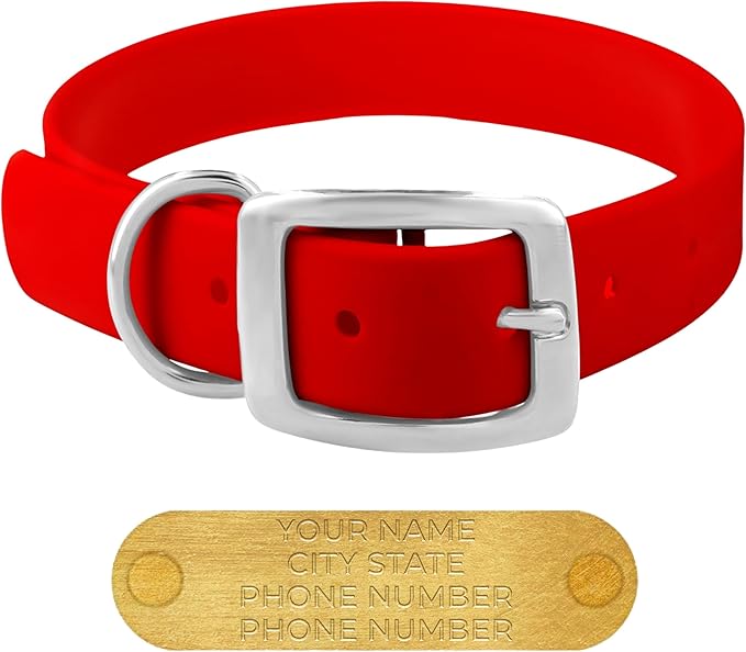 Regal Dog Products Large Red Waterproof Dog Collars with Custom Engraved Name Plate | Vinyl Coated, Anti, Easy to Clean Personalized Biothane Dog Collar - Other Sizes for Small & Medium Dogs