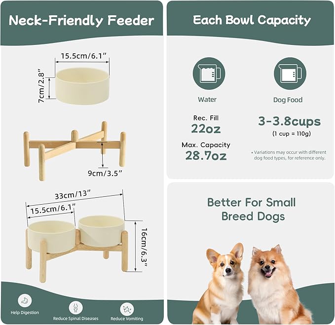 Ceramic 6.1inch Raised Dog Bowl with Stand for Small and Medium Breed Dog Dish Pet Food and Water Bowl (Double Bowl with Stand - Beige, 28oz)