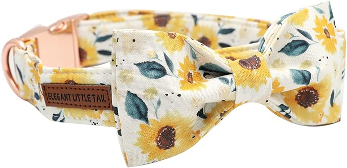 Elegant little tail Sunflower Print Dog Collar, Girl Dog Collar with Bow Adjustable Soft Bow tie Dog Collars for Medium Dogs