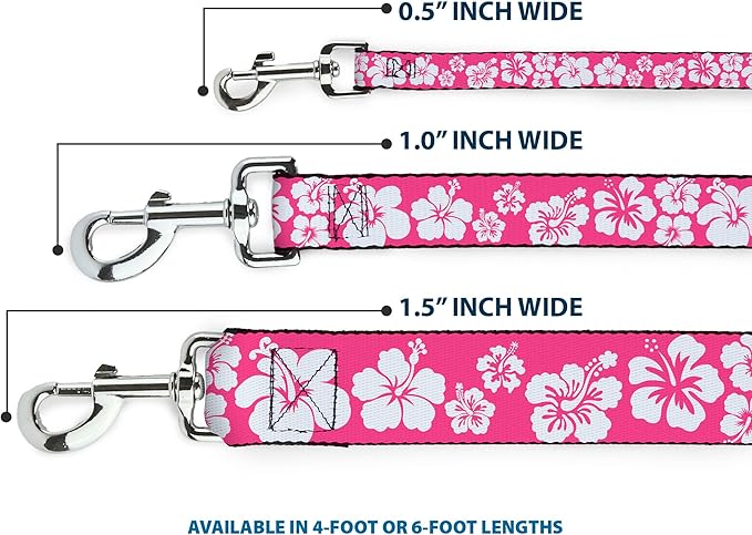 Buckle-Down Dog Leash Hibiscus Neon Pink White 6 Feet Long 1.5 Inch Wide