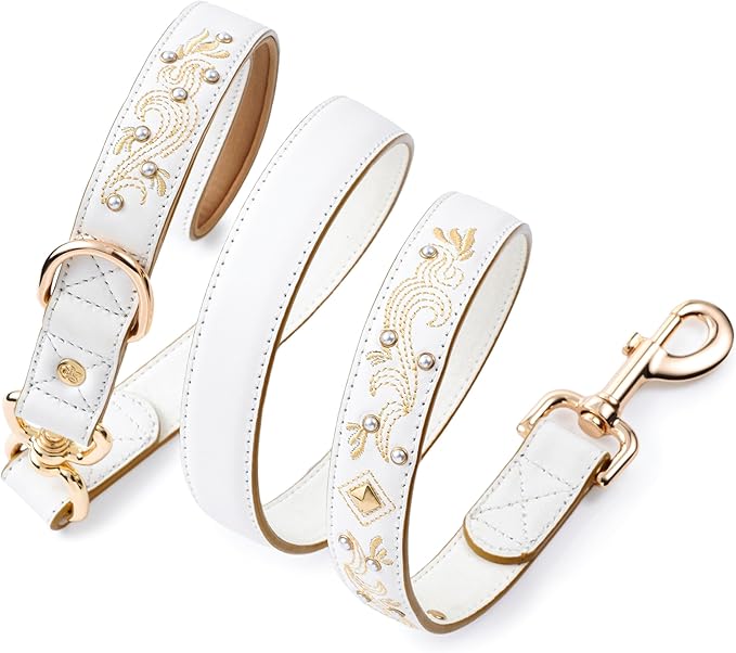 Blueberry Pet Elegant Western Luxury White Leather Dog Leash with Gold Baroque Design
