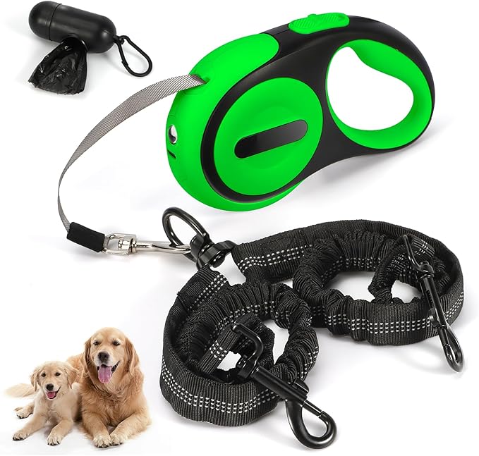 Double Retractable Dog Leash for 2 Large Dogs (Up to 143 Lbs Each), 2 Headed Pet Leash with Poop Bags and Rechargeable LED Light - Tangle-Free Swivel - One Button Break & Lock (Green, Large)