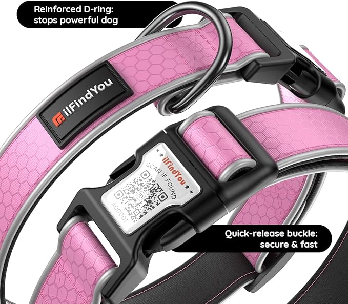 Reflective Dog Collar with QR Code Tag, Personalized Dog Collar, Safety Night Visibility, Anti-Loss Function (Pink-02, Medium)