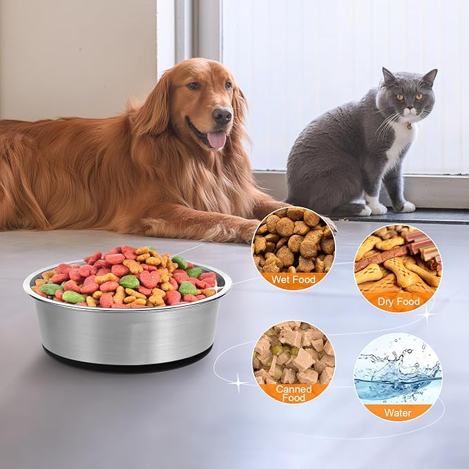 Stainless Steel Dog Bowls Set of 2, Extra Thick Metal Bowls, with Non-Slip Rubber Base Dog Bowl, BPA Free, Holds 2 Cups(16 fl oz), for Small Dogs, Black