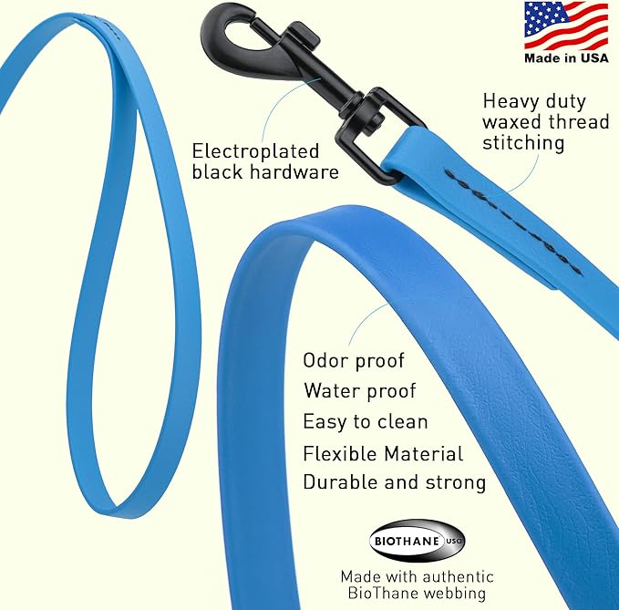Dogline Biothane Waterproof Dog Leash 2/4/6 Ft Strong Coated Nylon Webbing with Black Hardware Odor-Proof Easy to Clean High Performance for Small or Large Dogs Made in USA, Cerulean Blue