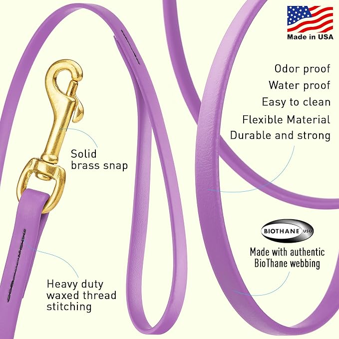 Viper Biothane K9 Working Dog Leash Waterproof Lead for Tracking Training Schutzhund Odor-Proof Long Line with Solid Brass Snap for Puppy Medium and Large Dogs, 10ft Amethyst Purple