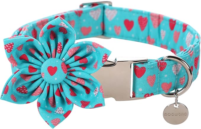 DOGWONG Valentine's Dog Collar with Flower - Blue Heart Adjustable Cotton Heart Dog Collar - Perfect for Small, Medium, Large Dogs