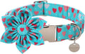 DOGWONG Valentine's Dog Collar with Flower - Blue Heart Adjustable Cotton Heart Dog Collar - Perfect for Small, Medium, Large Dogs