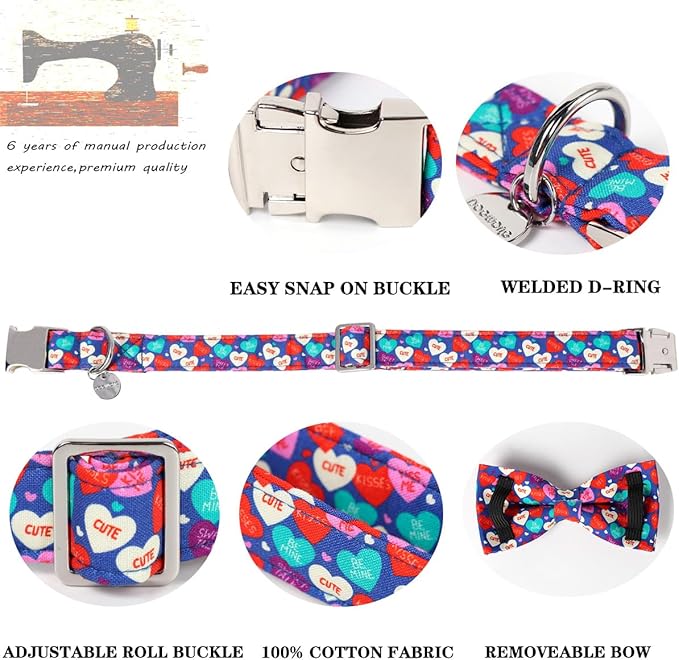 DOGWONG Valentine's Dog Collar With Blue Heart Bowtie, Adjustable Durable Pink Heart Cute Collar for Small Medium Dogs