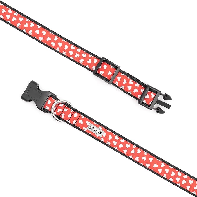 THE WORTHY DOG Adjustable Holiday Dog Collar for Large Dogs, Durable Nylon Webbing, Quick Release Buckle, Be Mine Hearts Valentine's Day Pattern, Red, X-Large
