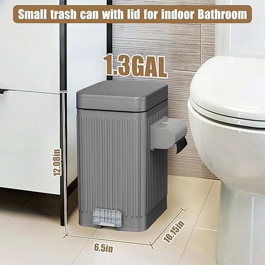 Dog Poop Trash Can for Outside & Indoor, 5L/1.3Gal Small Pet Waste Bin with Odor Control Carbon Filter Lid, 2-Way Open (Step & Press Top), Dog Waste Container with Bag Holder, Grey