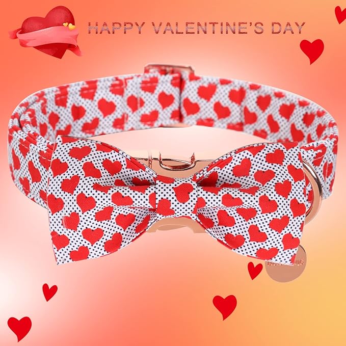 DOGWONG Valentine's Dog Collar with Bowtie - Red Heart Adjustable Cotton Heart Dog Collar - Perfect for Small, Medium, Large Dogs