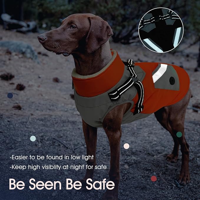 IECOii Large Dog Coat with Harness Built in,Reflective Waterproof Dog Coat for Giant Breeds - Zip Up Fleece Jacket for Dogs,Great Dane Winter Coats Warm Snowsuit for Cold Weather, Orange, 4XL