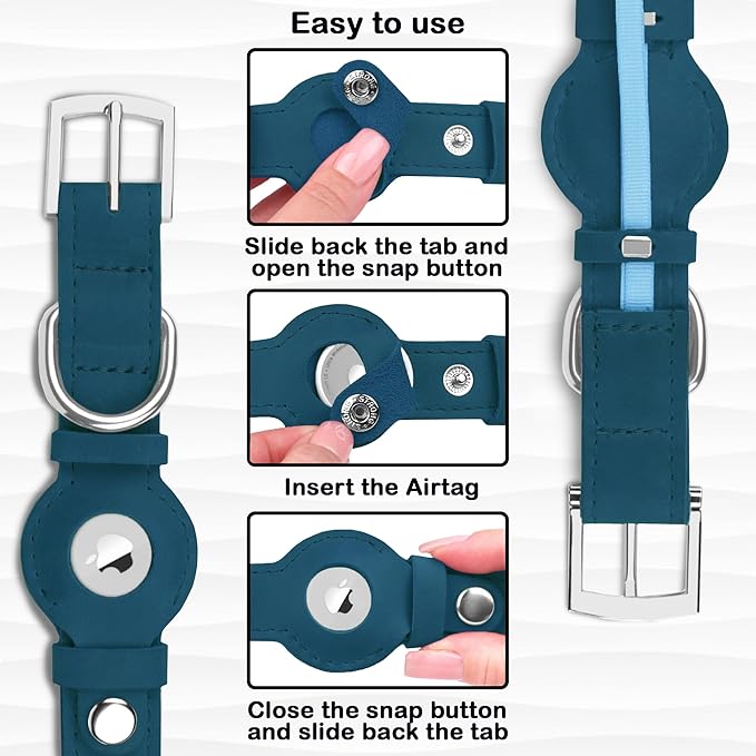 Leather Dog Collar with Airtag Holder - Apple Air Tag Dog Collars - Soft Tracking GPS Pet Collar for Small Medium Large Dogs Breed Puppy (Smoky Blue, XL, 19"-24" Neck Fit)
