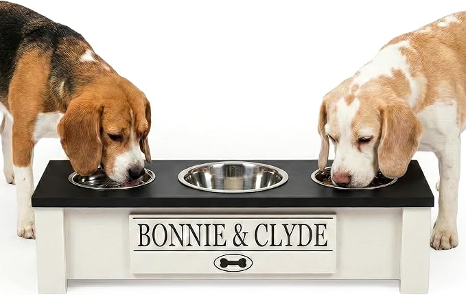 GTW Personalized Elevated Triple Dog Bowl Stand for Large, Medium, Small, X-Small Dogs - 3 Stainless Steel Food and Water Bowls - Raised Dog Dish with Internal Storage (Small, Black)
