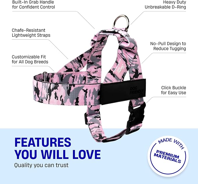 DF Co. Dog Harness | Chafe Resistant Webbing, Adjustable Neck & Chest, and Heavy Duty D-Ring | Sturdy, Comfortable, Easy to Use | Pink Camo, Size XS
