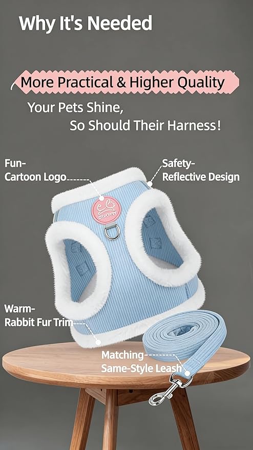 Dog Harness and Leash Set-No Pull No Choke Step-in Pet Harness for Cold Weather Lightweight Adjustable Cat Harness Warm Plush Puppy Vest with Hook & Loop Fastener Buckles D-Rings-LightBlue-M