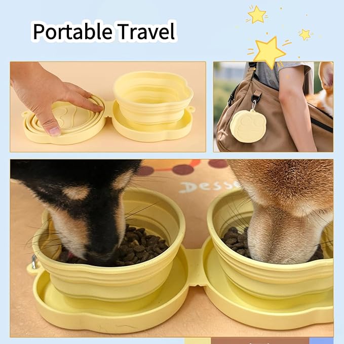 Large Dog Bowl Collapsible Dual Pet Bowl Flip Over Foldable Travel Food & Water Bowls for Dogs & Cats, Lightweight Portable 2-in-1 Double Feeder, 16.9 oz Each Bowl (Yellow)