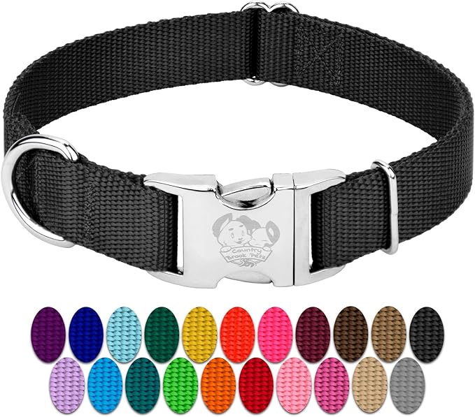 Country Brook Petz - Premium Nylon Dog Collar with Metal Buckle for Small Medium Large Breeds - 10+ Cool Colors (Extra Large, 1 Inch, Black)