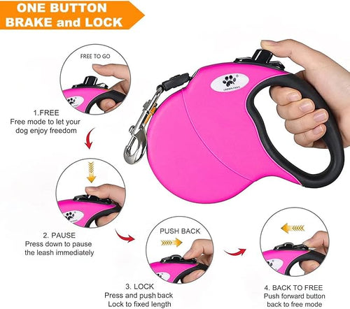 16ft Retractable Dog Leash for Large Breed Dogs up to 110 lbs with a Detachable Chew Proof Extender Wire Ropes (Pink L)
