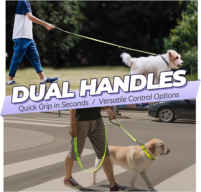 VIVAGLORY Twingrip Dog Leash, Double Handle Dog Leash for Training & Walking with Traffic Handle & 2 Loop, Traffic Control Reflective Heavy Duty for Puppy Pet, 5ft x 1/2in, Bright Yellow