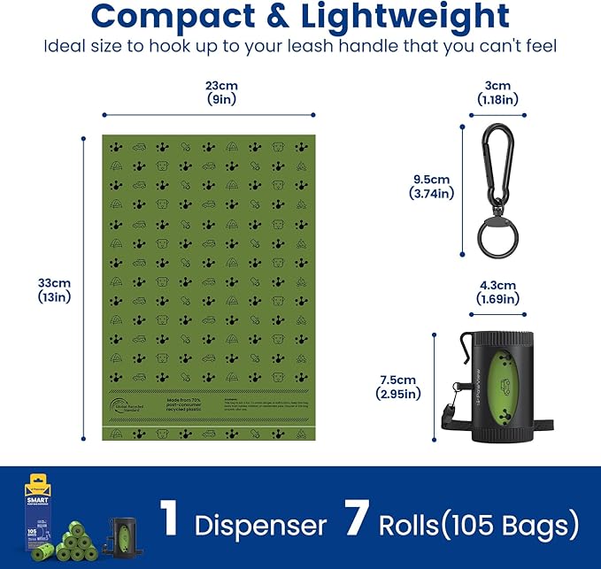 Dog Poop Bags Rolls with Retractable Poop Bag Holder, Leak Proof and Extra Thick Lavender Pet Waste Bags, 1 Dispenser and 105 Bags for Doggy Walking & Cat Litter
