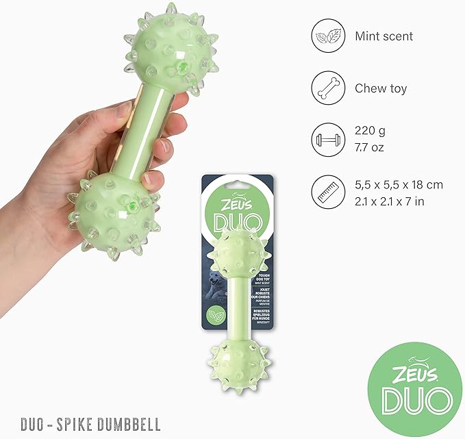 ZEUS Duo Spike Dumbbell Strong Dog Chew Toy for Active Chewers, Long Lasting Mint Scent
