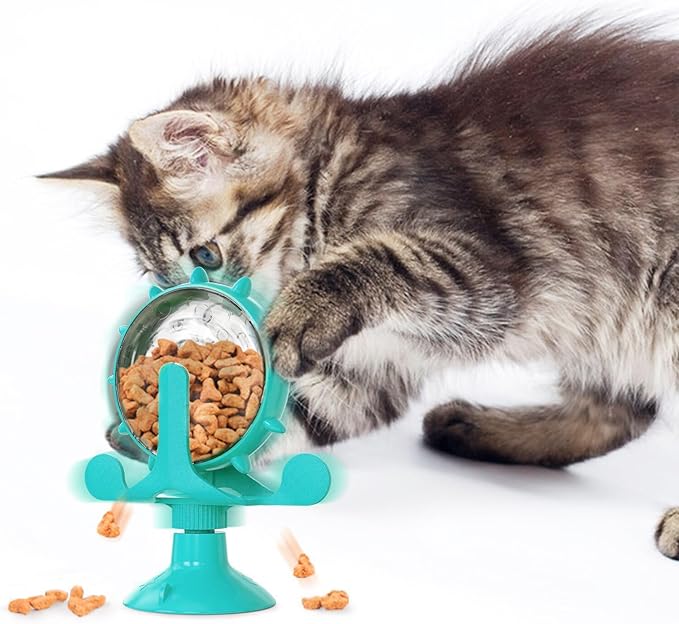 Windmill Cat Treat Dispenser Toy : 360 Degree Rotating Cat Treat Feeder with Suction Cup for Puppies Kitten, 5.11X1.57X6.68in (Blue)