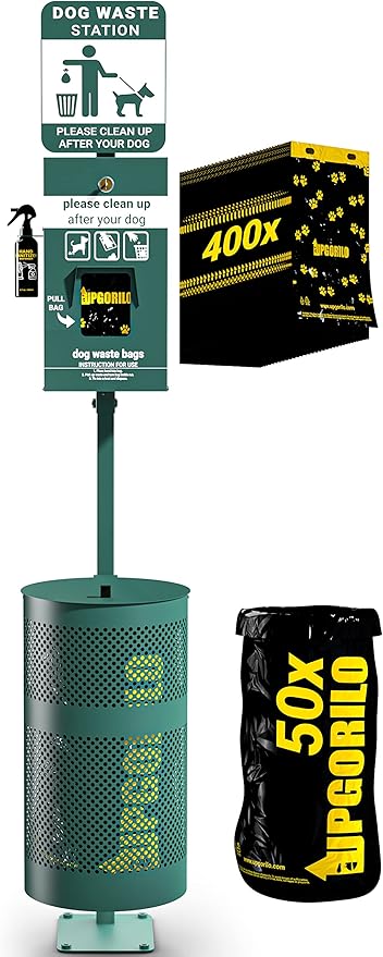 Pet Waste Station - Includes 400 Pull Out Bags & 50 Can Liners - Original Glow in the Dark Dog Waste Station with Dog Poop Sign, Bag Dispenser, Hand Sanitizer Bottle & Outdoor Trash Can with Lid
